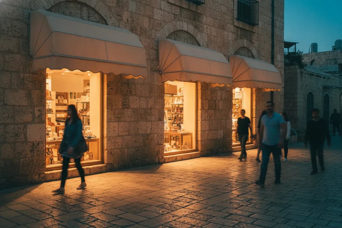 שלוש חנויות מוארות זו לצד זו ברחוב אבן בשעת ערב